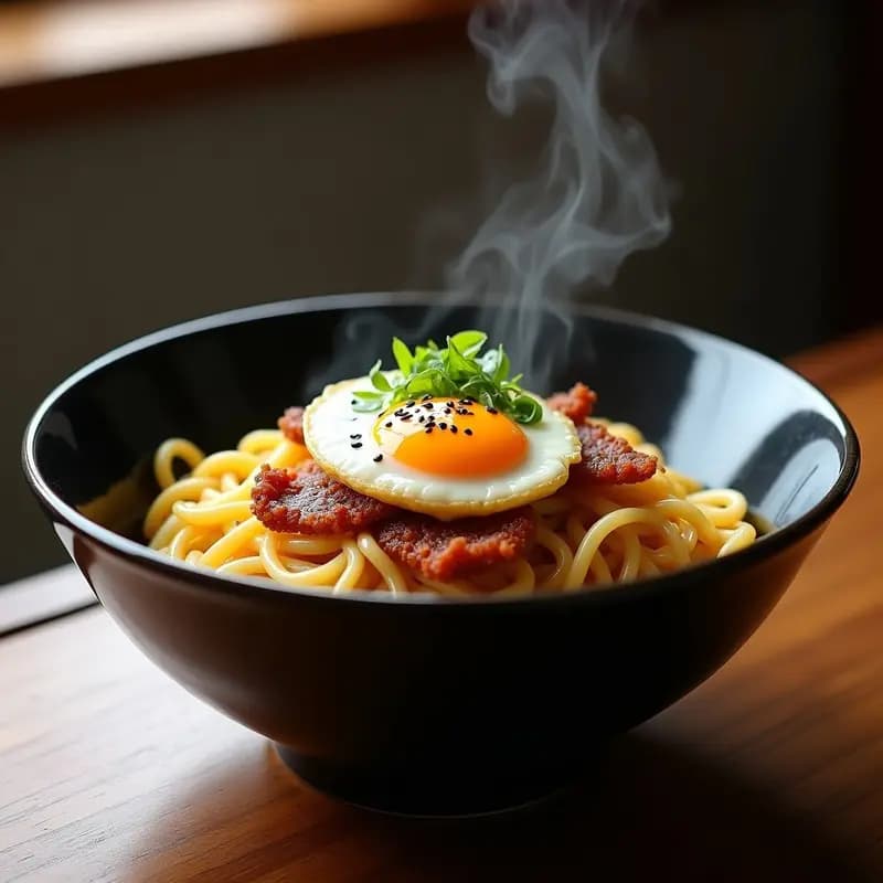 Cuenco hondo negro con ramen de fideos amarillos bañados en caldo dorado, coronado con un huevo campero abierto mostrando yema líquida, panceta ahumada crujiente, queso pecorino rallado, cebollino picado y algas nori. Receta de ramen de huevo carbonara con panceta ahumada, fusión japonesa-italiana.