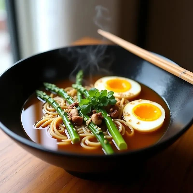 Bol de ramen japonés con fideos de arroz integral, huevo marinado en salsa de soja corto por la mitad, espárragos trigueros salteados, semillas de sésamo negro y caldo dashi humeante, receta sin gluten y alta en proteína.