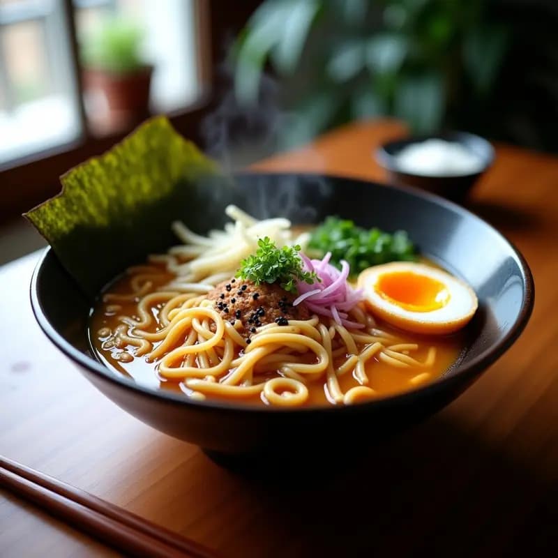 Bowl de ramen japonés con caldo dorado, fideos ramen al dente, huevo marinado cortado por la mitad mostrando yema cremosa, hongos shiitake salteados, brotes de soja, cebolla morada y semillas de sésamo negro. Plato tradicional japonés con toques umami y texturas variadas.