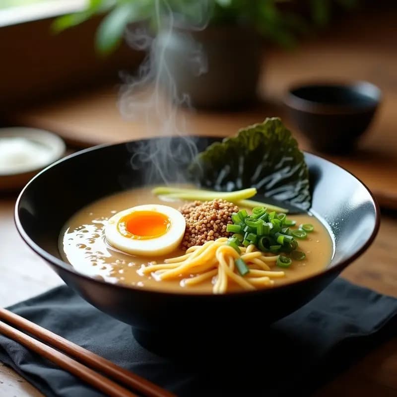 Cuenco hondo de cerámica negra con ramen japonés de misoshiru: caldo cremoso color beige, fideos ramen amarillos, huevo marinado partido por la mitad con yema dorada, brotes de bambú dorados, algas nori verdes, cebollino picado y semillas de sésamo negro espolvoreadas. Fondos borrosos con palillos y cucharón de madera.