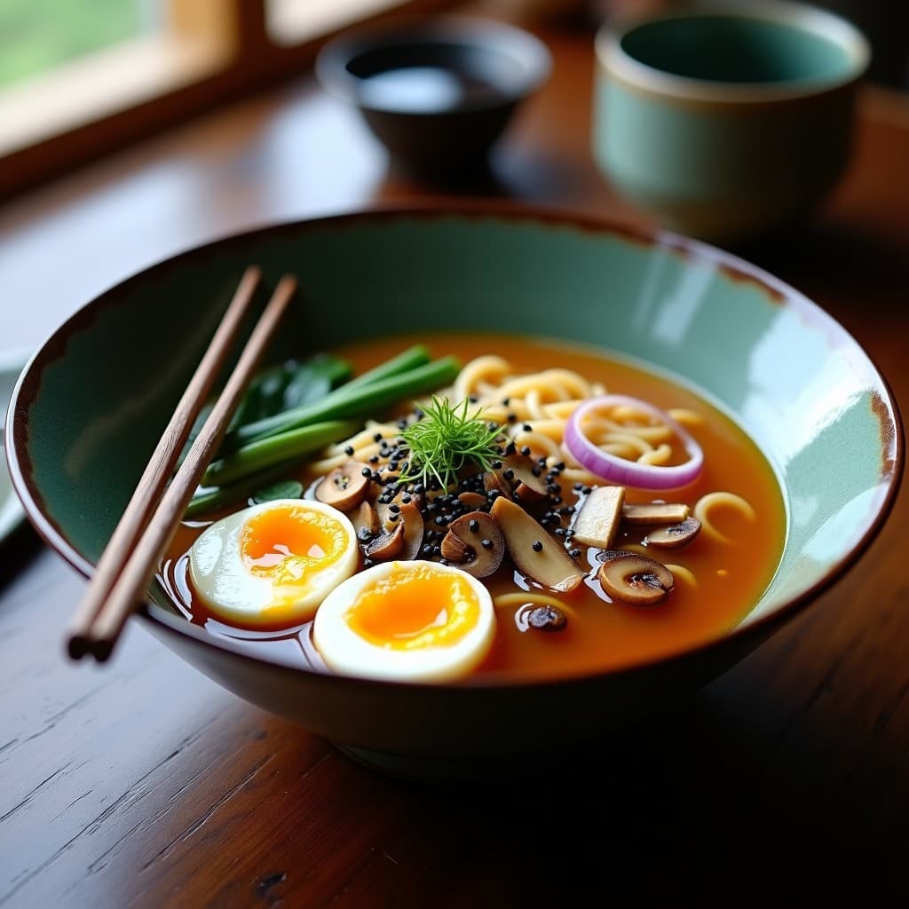 Cuenco hondo de cerámica negra con ramen de fideos de arroz integral, caldo dorado de kelp y miso, setas shimeji y enoki, medio huevo marinado cortado mostrando yema cremosa, brotes de alfalfa, cebollino y semillas de sésamo negro. Plato vegano y detox con fondo de madera oscura y luz natural.
