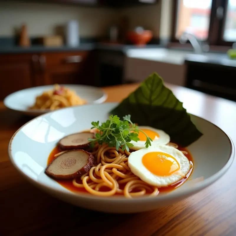 Bowl de cerámica negra con ramen de Miscotlán: fideos dorados en caldo espeso color ámbar, huevo marinado partido mostrando yema cremosa, hongos shitake dorados, cebollín fresco y semillas de sésamo. Fondos desenfocados de especias y hierbas mexicanas.