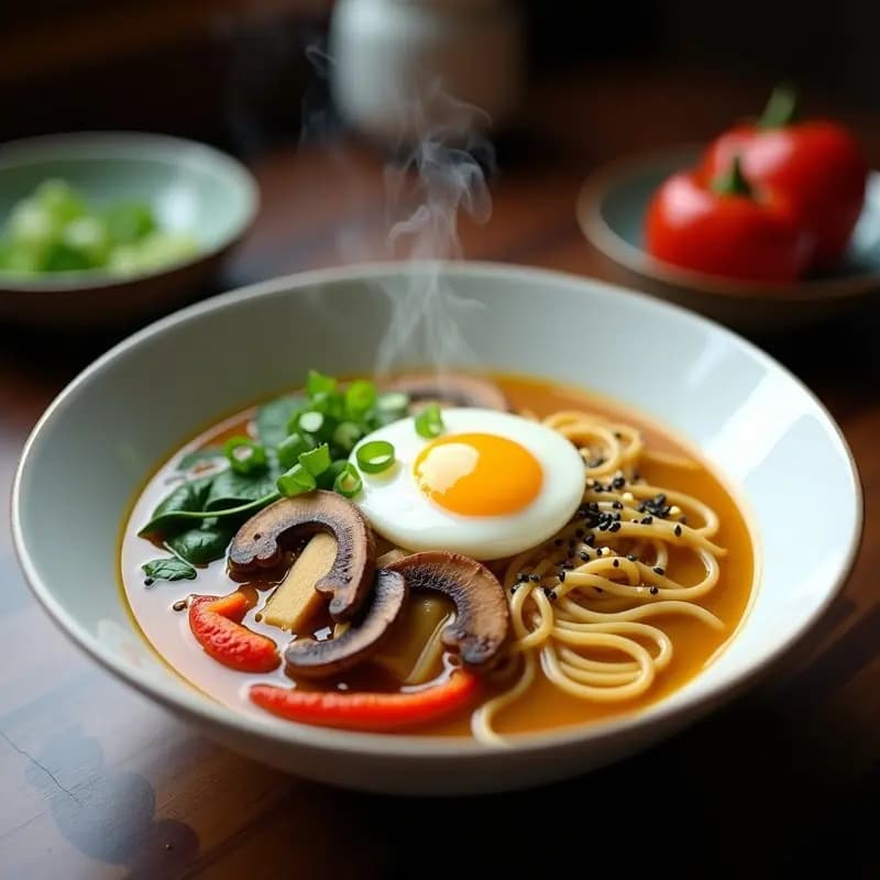 Bowl hondo de cerámica blanca con ramen de miscotinto bañados en caldo dorado de ají amarillo, coronado con huevo poché, champiñones shiitake, espinacas, pimiento rojo asado y semillas de sésamo. Fusión peruana-japonesa colorida y apetitosa.