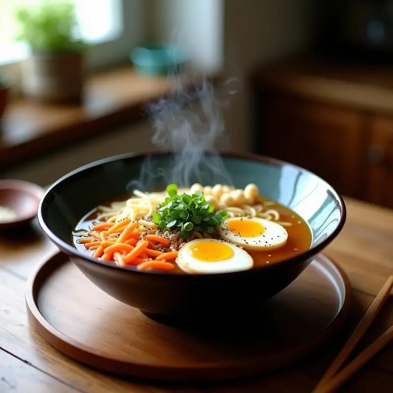 Bol de ramen vegano con caldo dorado de miscuitos, fideos ramen, cubos de tofu dorado, huevos de lino amarillos en el centro, algas nori y semillas de sésamo, con brotes de soja frescos. Receta japonesa rápida y saludable.