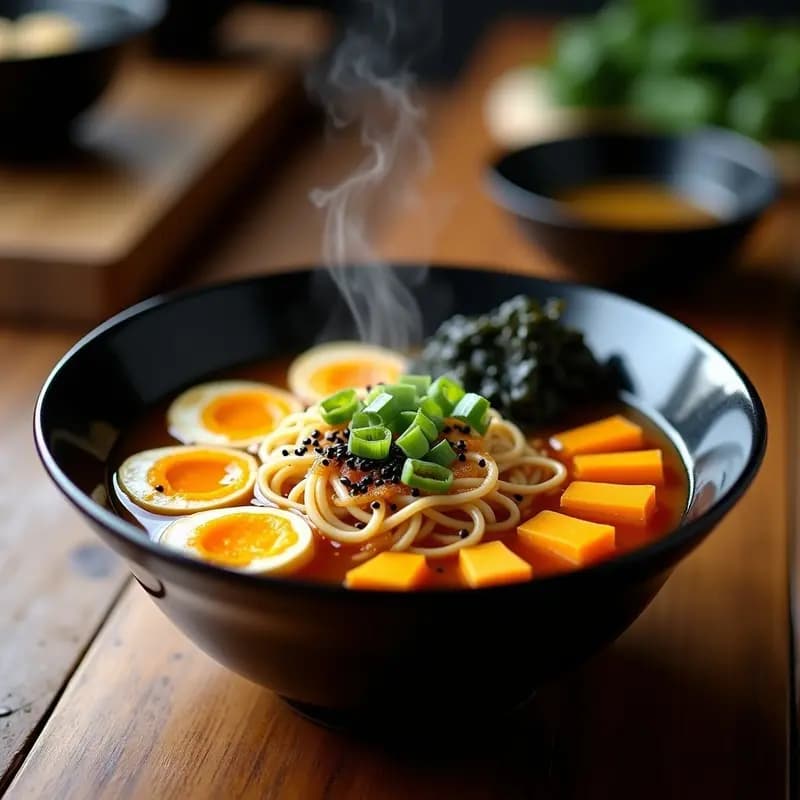 Cuenco hondo negro con ramen de miso y calabaza kabocha en trozos dorados, huevos marinados cortados por la mitad mostrando yema líquida, fideos ramen, algas wakame y semillas de sésamo negro. Plato japonés reconfortante con caldo espeso y brillante, decorado con cebollino fresco y un toque de aceite de sésamo.
