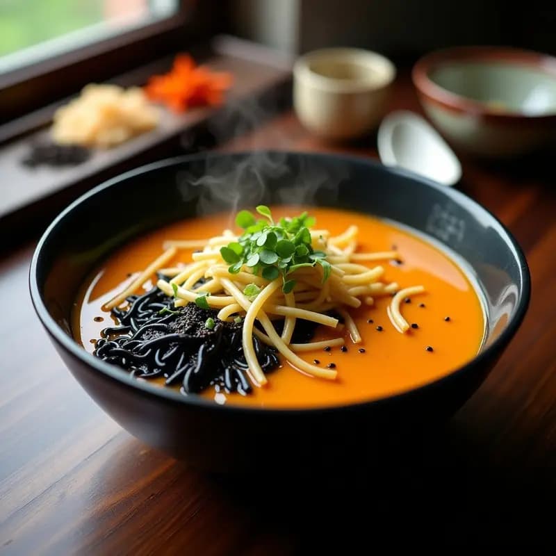 Bol de cerámica japonesa con ramen vegano de miso, caldo cremoso color beige, fideos ramen, cubos dorados de calabaza kabocha asada, brotes de bamboo, semillas de sésamo negro y cebollino picado. Fondo minimalista con rodaja de limón al lado.