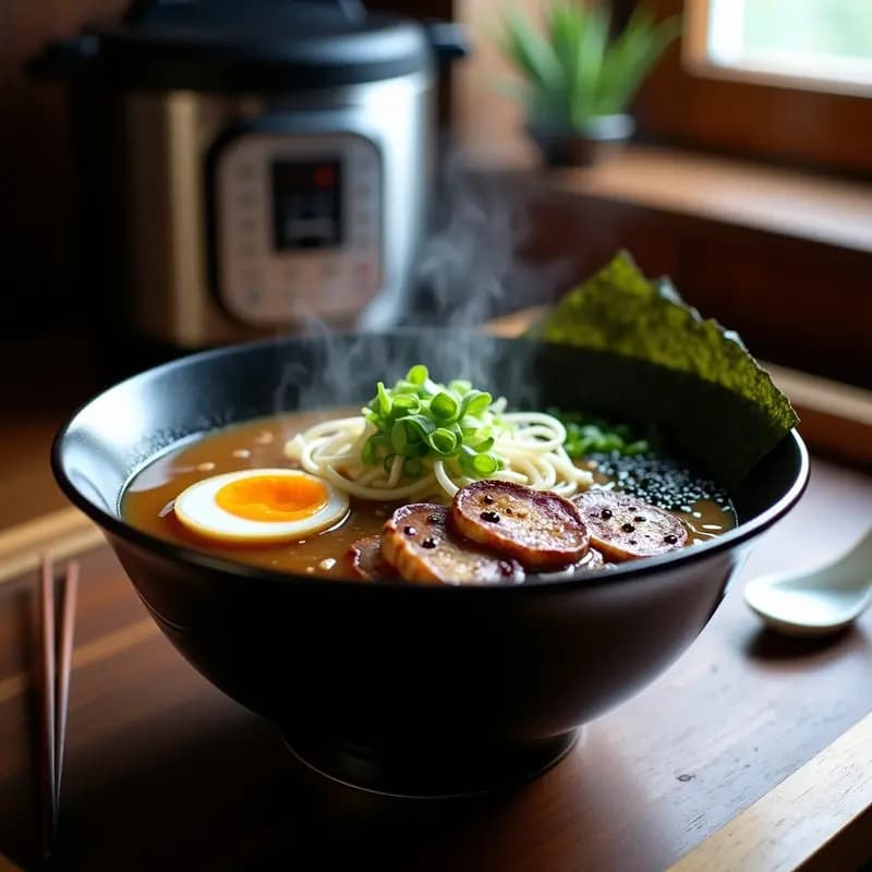 Cuenco hondo de cerámica negra con ramen de miso humeante, huevo marinado cortado por la mitad mostrando yema cremosa, hongos shiitake dorados, cebollino picado, algas nori y semillas de sésamo negro. Fondo borroso con olla exprés y utensilios de cocina japoneses.