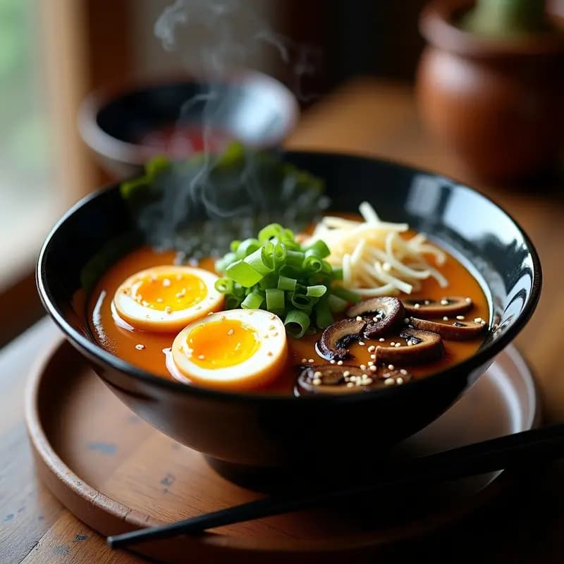 Bowl de ramen japonés con caldo umami dorado, fideos ramen frescos, huevo marinated cortado por la mitad mostrando yema cremosa, setas shiitake en láminas, brotes de soja, cebollino, semillas de sésamo negro y alga nori, servido en cuenco de cerámica oscura sobre fondo de madera.