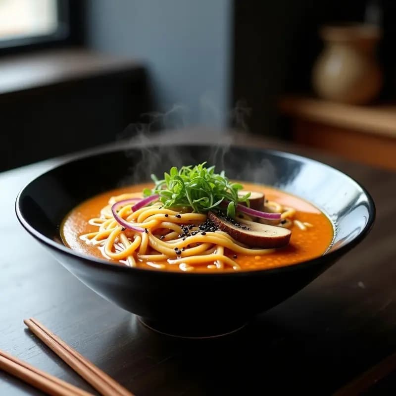 Bol de cerámica negra con ramen de miso blanco, fideos de lentejas rojas, brotes de bambú dorados, tofu ahumado en cubos, zanahoria y cebolla morada. Decorado con semillas de sésamo negro y cilantro fresco sobre fondo de madera oscura.