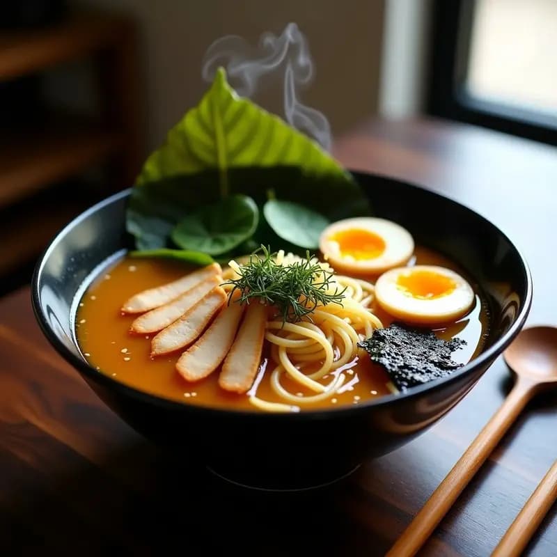 Bowl de cerámica negra con ramen de miso, caldo de pollo dorado, fideos integrales, huevo marinado en salsa de soja, tiras de pollo, hongo reishi picado, algas wakame y cebollino. Plato humeante con fondo de mesa de madera y utensilios japoneses.