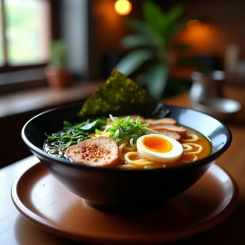Cuenco hondo de cerámica negra con ramen japonés de misos y pollo terra, fideos al dente bañados en caldo dorado, trozos de pollo desmenuzado, huevo marinado cortado por la mitad, champiñones shiitake y brotes de bambú, decorado con cebollino y algas nori, con un hilo de aceite de sésamo brillante.
