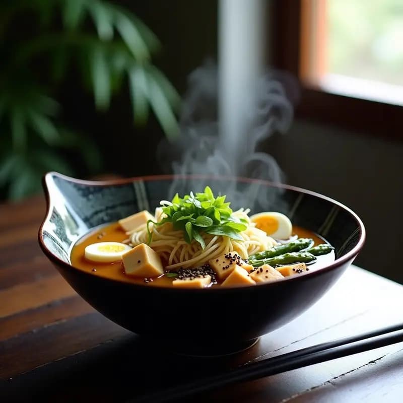 Cuenco hondo de cerámica negra con ramen vegano de miso, fideos al dente, tofu sedoso desmenuzado, espárragos trigueros, algas nori, semillas de sésamo negro y cebollino picado. Plato japonés reconfortante y alto en proteína.