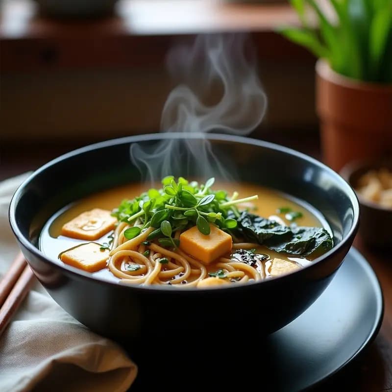 Cuenco hondo de cerámica negra con ramen de misoz vegano, caldo dorado y espumoso, fideos ramen, láminas de hongo shiitake, espinacas verdes y semillas de sésamo. Decorado con cebollino picado y aceite de sésamo brillante.