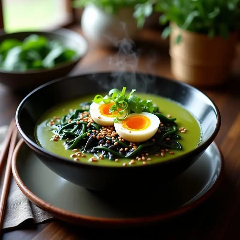 Cuenco hondo de cerámica negra con ramen de miso verde, fideos de arroz negro, espinacas frescas, huevo marinado cortado por la mitad mostrando la yema cremosa, decorado con cebollino, semillas de sésamo y tiras de alga nori. Plato humeante sobre fondo de madera oscura con utensilios japoneses.
