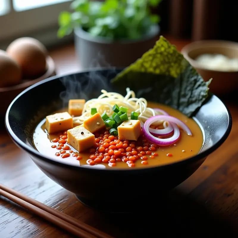 Bowl negro de ramen vegano con caldo de miso espumoso, fideos de lentejas rojas, tofu ahumado dorado, setas enoki, brotes de soja, cebolla morada en juliana y alga nori. Decorado con semillas de sésamo y cebollino.