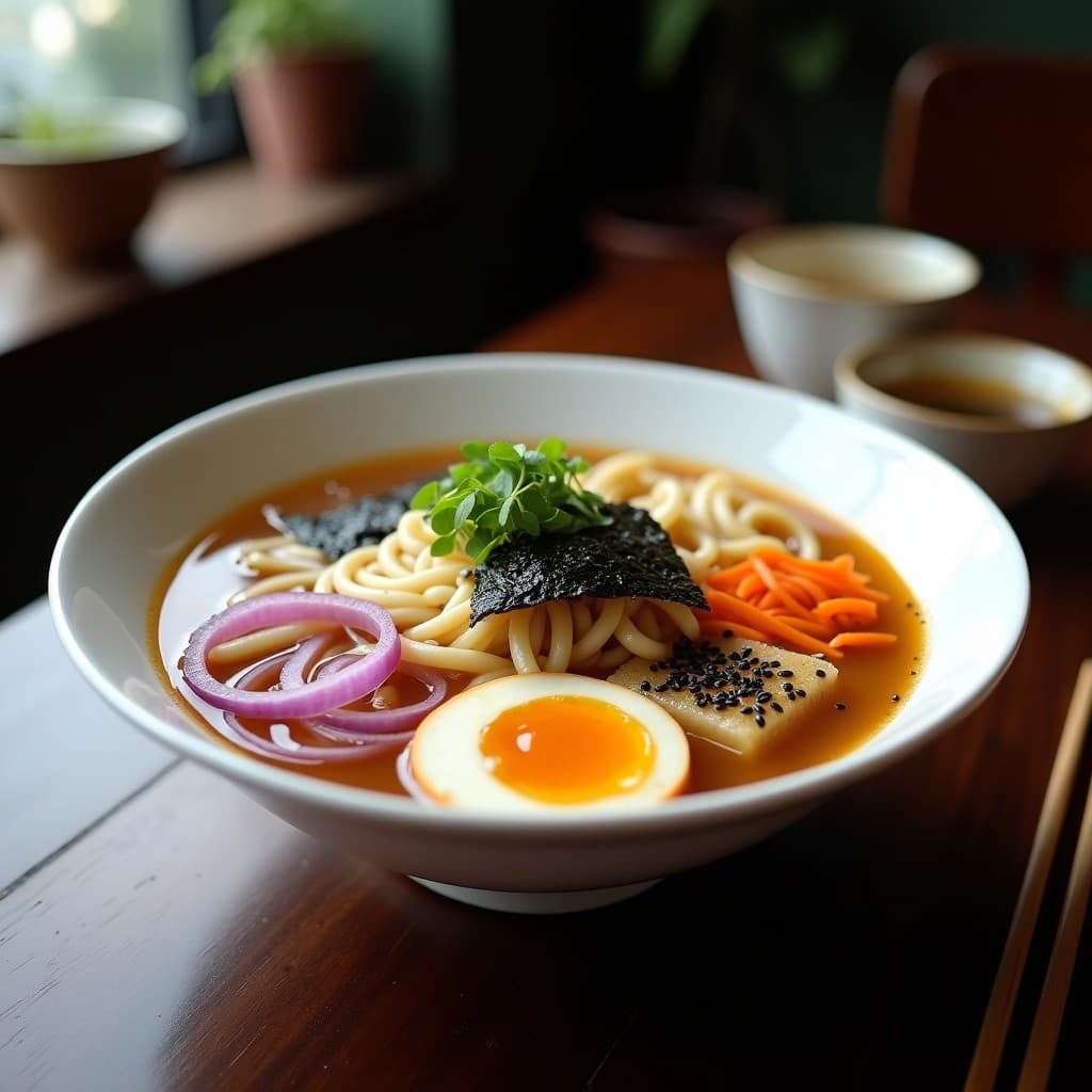 Cuenco hondo de cerámica blanca con ramen de misoshiru vegano, caldo dorado espeso con trozos de corazón de alcachofa, fideos de arroz integral, rodajas de zanahoria, cebolla morada, brotes de soja y alga nori. Decorado con semillas de sésamo negro y un toque de aceite de sésamo brillante.