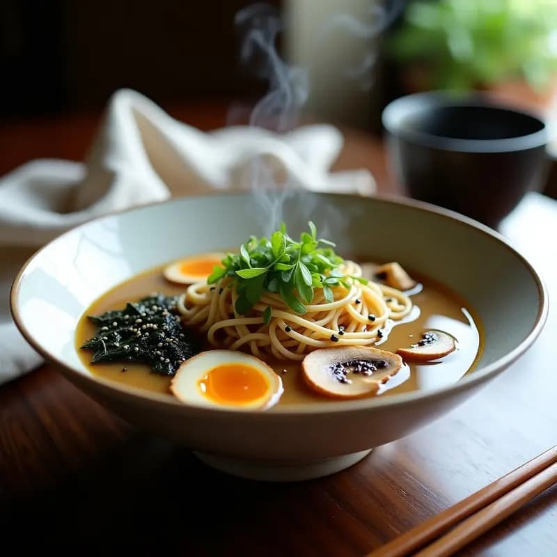 Bowl de ramen de misoshiru con caldo cremoso de color beige, fideos de arroz negro, láminas de hongos shitake, cubos de tofu sedoso, algas wakame y decoración de semillas de sésamo negro y cebollín picado. Receta vegana y sin gluten de cocina japonesa.