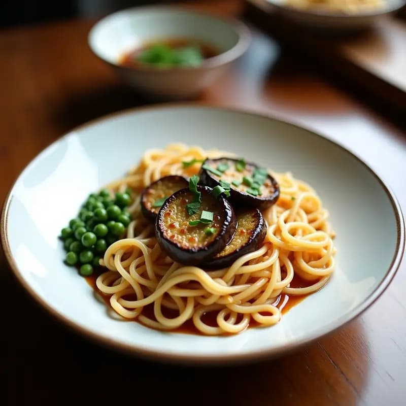 Cuenco hondo de cerámica negra con ramen de misozuke y tofu con caldo dashi vegano, fideos dorados, cubos de berenjena misozuke, tofu sedoso, brotes de soja, cebollino y semillas de sésamo negro, sobre fondo de madera oscura con luz cálida.