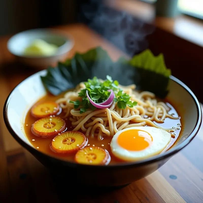 Cuenco hondo de cerámica negra con ramen de pollo y banana macho, caldo cremoso y dorado, fideos al dente, huevo pochado, hongos shiitake, cebolla morada y cilantro fresco, decorado con gajos de limón y un hilo de aceite de sésamo.