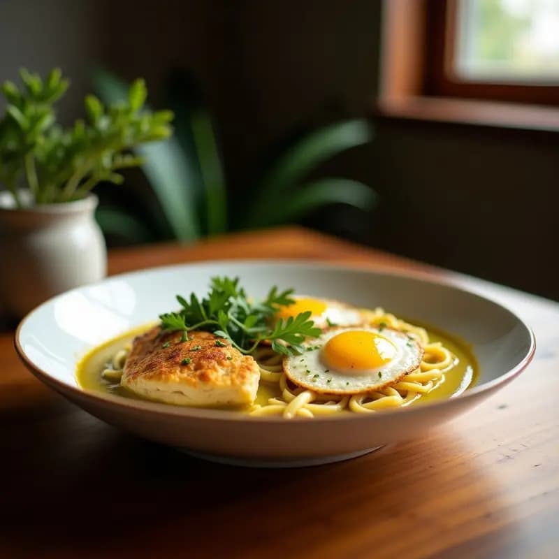 Cuenco hondo negro con ramen de pollo al curry verde, fideos amarillos, pechuga de pollo en tiras, huevo marinado cortado por la mitad mostrando yema cremosa, champiñones shiitake, brotes de soja y hierbas frescas. Caldo espeso de color verde claro con burbujas de aceite de sésamo. Fondos de hoja de limón kaffir y guindilla como decoración. Receta fusión japonesa-tailandesa.