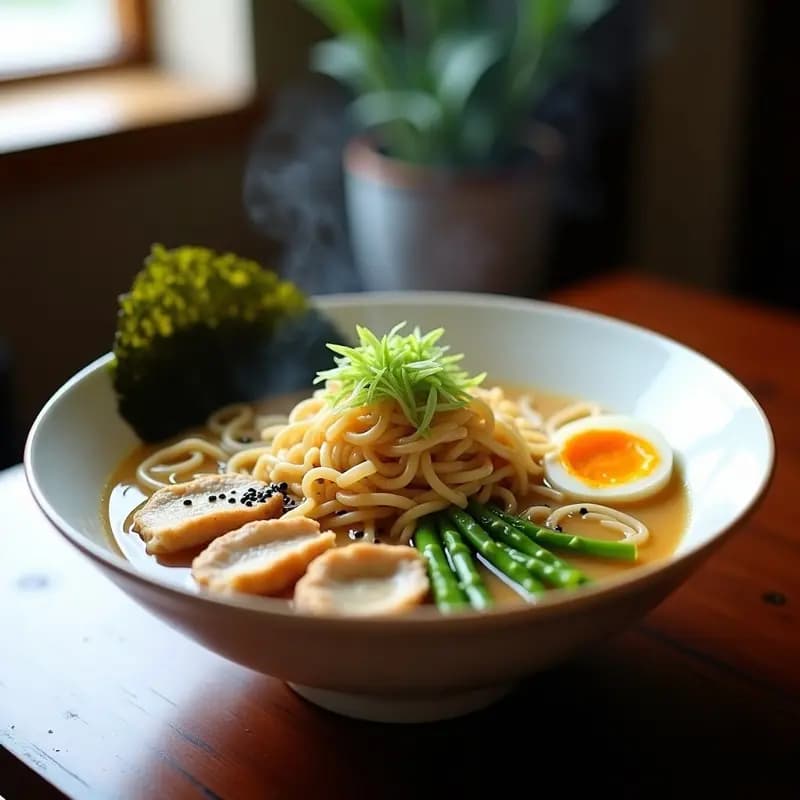 Cuenco hondo de cerámica blanca con ramen de pollo y espárragos alta en proteína, caldo dorado espeso, fideos integrales, trozos de pollo desmenuzado, espárragos verdes, huevo tamagoyaki desmenuzado, cebolla verde en rodajas, semillas de sésamo negro y tiras de alga nori. Fondos borrosos de cocina japonesa tradicional.