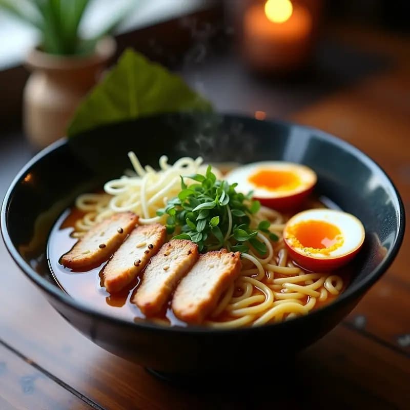 Bowl de ramen japonés con fideos de sobre, caldo dorado y ahumado, trozos de pollo marinado, huevo cortado por la mitad mostrando yema cremosa amarilla, champiñones shiitake, cebolla morada, algas nori y semillas de sésamo negro. Plato con toque profesional y humeante.