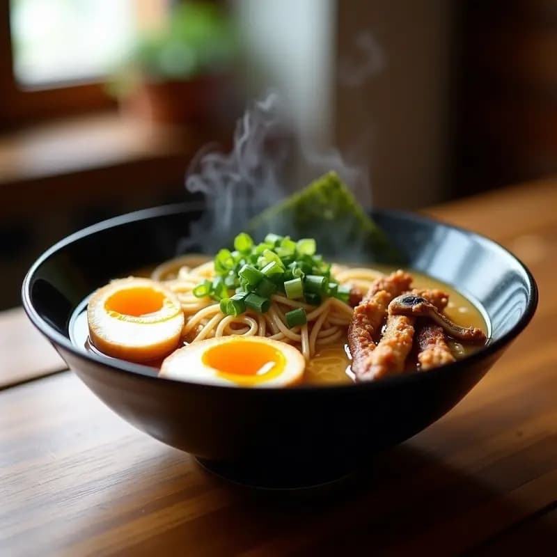 Cuenco hondo de cerámica negra con ramen japonés de fideos de trigo integral, caldo dorado, pollo desmenuzado, huevo marinado cortado por la mitad, champiñones shiitake, cebolla morada, algas nori y semillas de sésamo, decorado con cebollino fresco.