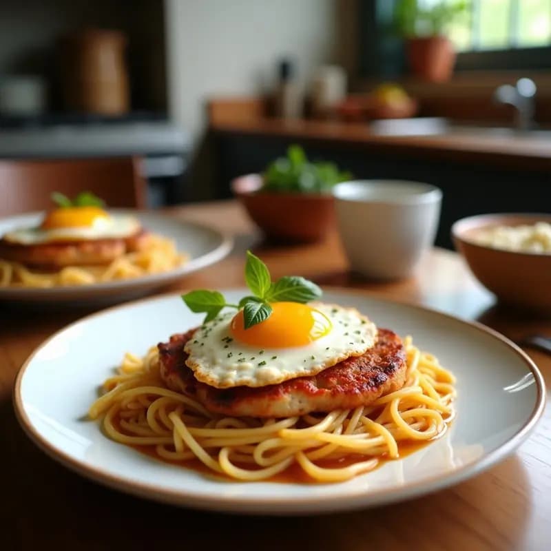 Cuenco hondo de cerámica negra con ramen de pollo desmenuzado, fideos amarillos, huevo marizado dorado cortado por la mitad, granos de maíz amarillo y algas nori. Decorado con cebollino picado y un hilo de aceite de sésamo. Receta de ramen de pollo con huevos marizados y maíz en olla rápida.