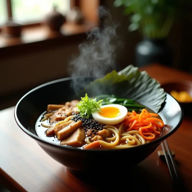Cuenco hondo de cerámica negra con ramen de pollo y kamut, fideos integrales dorados sumergidos en un caldo aminado, trozos de pollo tierno, champiñones shiitake, espinacas frescas y huevo escalfado con yema líquida. Decorado con algas nori, semillas de sésamo negro y cebollino. Fondos de especias japonesas y vapor ascendente.