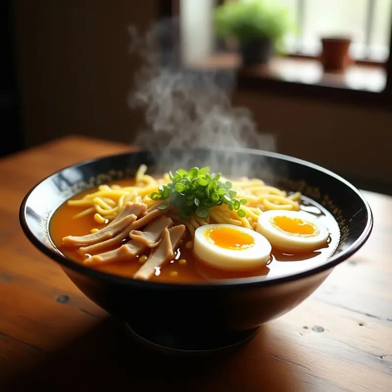 Cuenco hondo de cerámica japonesa con ramen de pollo y maíz dulce, caldo umami espumoso, fideos amarillos, trozos de pollo desmenuzado, granos de maíz amarillo brillante, medio huevo con yema cremosa y cebollino picado. Plato tradicional japonés reconfortante.