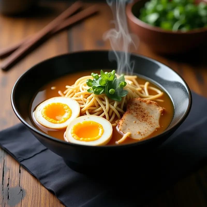 Cuenco hondo de cerámica negra con ramen de pollo y miscanto, fideos sin trigo bañados en caldo umami dorado, trozos de pechuga de pollo, huevo de codorniz cortado por la mitad, brotes de soja, cebollino y aceite de sésamo tostado. Plato japonés saludable y reconfortante.
