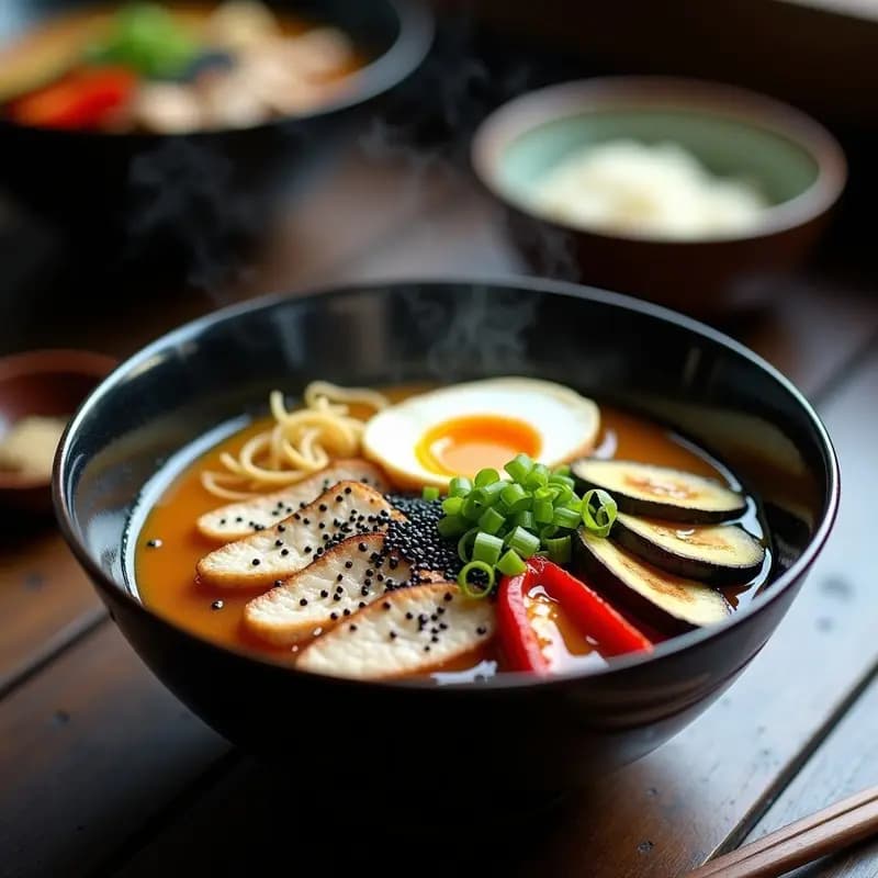 Cuenco hondo de cerámica negra con ramen de pollo y misó, caldo espumoso color ámbar, fideos ramen, pechuga de pollo en tiras, verduras asadas (calabacín, berenjena, pimiento), medio huevo campero con yema líquida, decorado con semillas de sésamo negro, cebollino picado y hongos shiitake. Fondos borrosos de cocina japonesa tradicional.