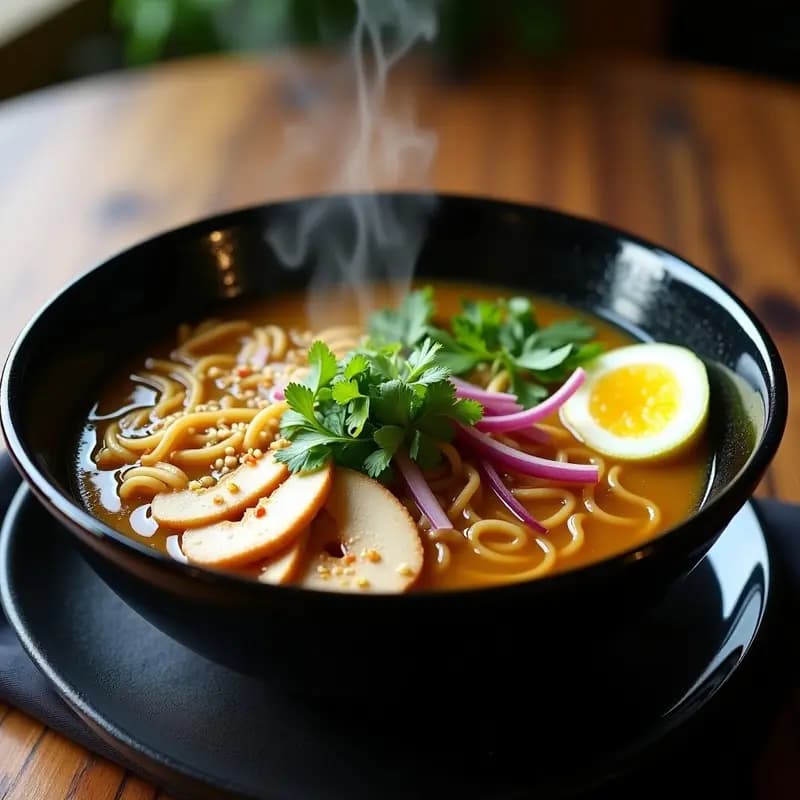 Cuenco hondo de cerámica negra con ramen de pollo y misua, fideos finos sumergidos en caldo dorado de jengibre, acompañado de pechuga de pollo en tiras, huevo marinado cortado por la mitad, brotes de soja, cebollino y semillas de sésamo. Plato asiático reconfortante con vapor visible.