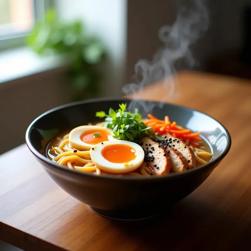 Tupper de cristal con ramen de pollo y sésamo negro: fideos dorados, tiras de pollo glaseado, huevo blando cortado por la mitad, zanahoria en juliana y semillas de sésamo negro espolvoreadas sobre un caldo aromático. Decorado con algas nori y cebollino fresco.
