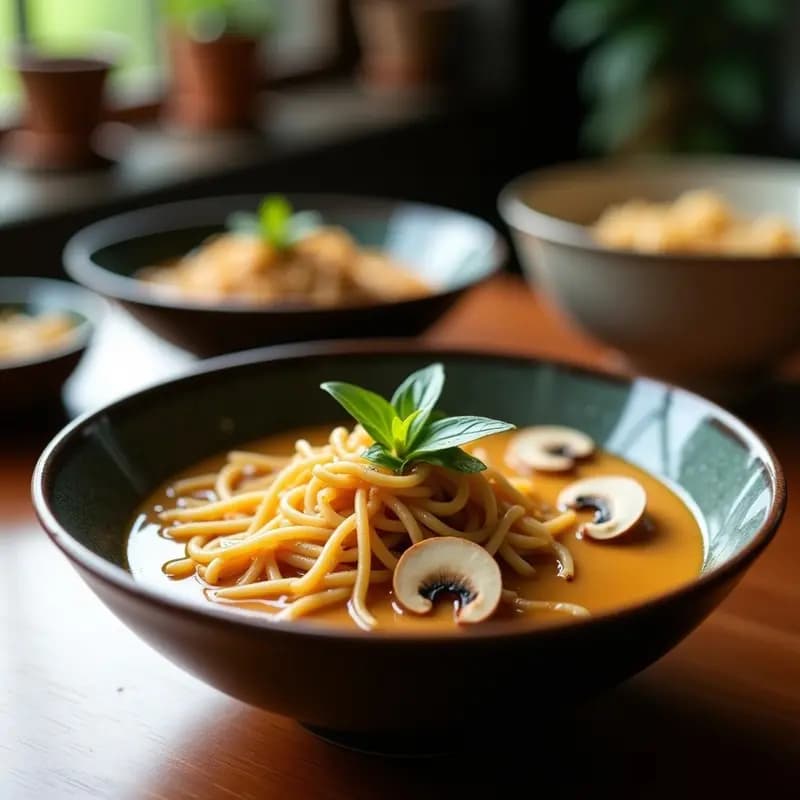 Cuenco hondo de cerámica oscura con ramen tailandés vegano: fideos de arroz bañados en caldo cremoso de leche de coco, champiñones shiitake dorados, tofu en cubos, brotes de soja, cebolla morada y cilantro fresco. Decorado con semillas de sésamo y una rodaja de lime al lado.