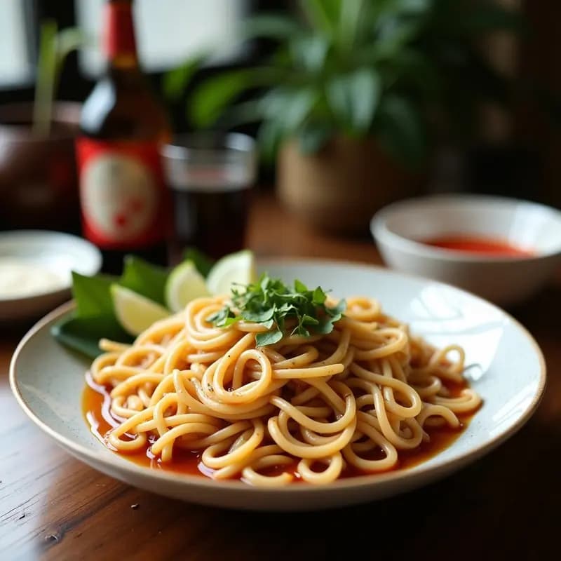 Bowl hondo de cerámica negra con ramen thai de pollo y coco: fideos de arroz blancos sumergidos en un caldo cremoso de color amarillo dorado, trozos de pollo desmenuzado, champiñones shiitake, rodajas de pimiento rojo, huevo duro cortado por la mitad, brotes de soja y cilantro fresco. Decorado con cacahuetes picados y un chorrito de aceite de sésamo.