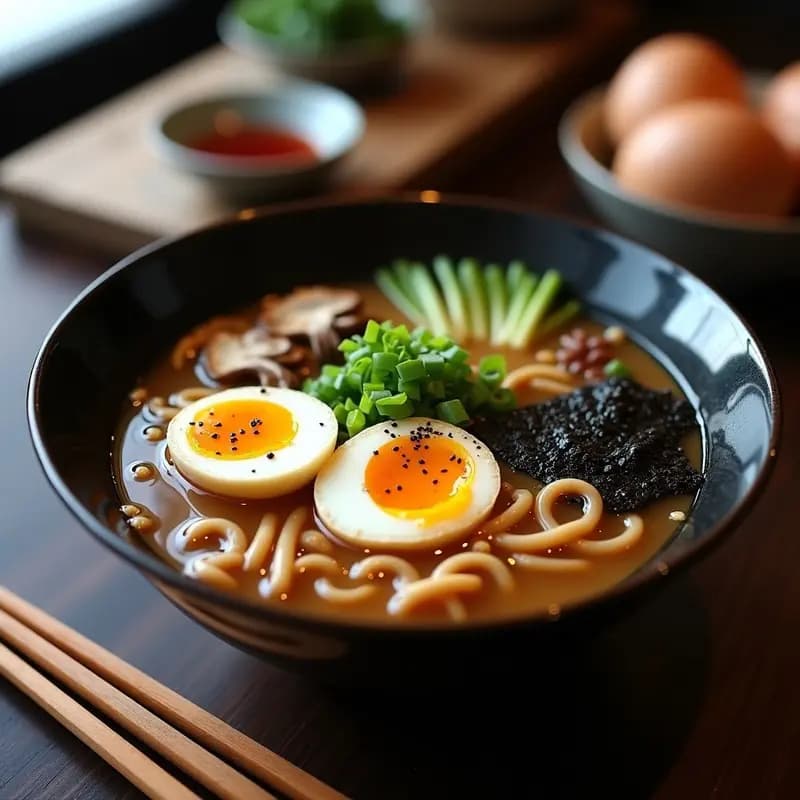 Cuenco de ramen japonés low carb con fideos de trigo sarraceno, huevo marinado en salsa de soja cortado por la mitad, algas nori, setas shiitake y cebollino, servido en caldo umami con semillas de sésamo.