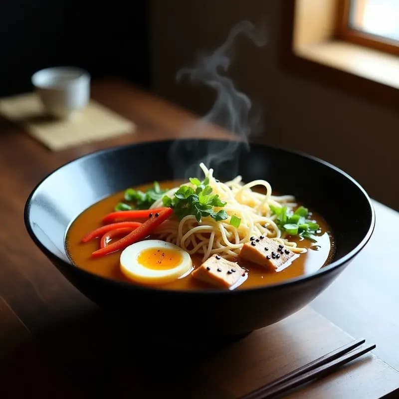 Cuenco hondo de cerámica negra con ramen japonés vegano: caldo dorado de miso y shiitake, fideos gruesos, tofu dorado, brotes de soja, pimiento rojo y semillas de sésamo negro. Decorado con cebollino fresco y chorrito de aceite de sésamo tostado.
