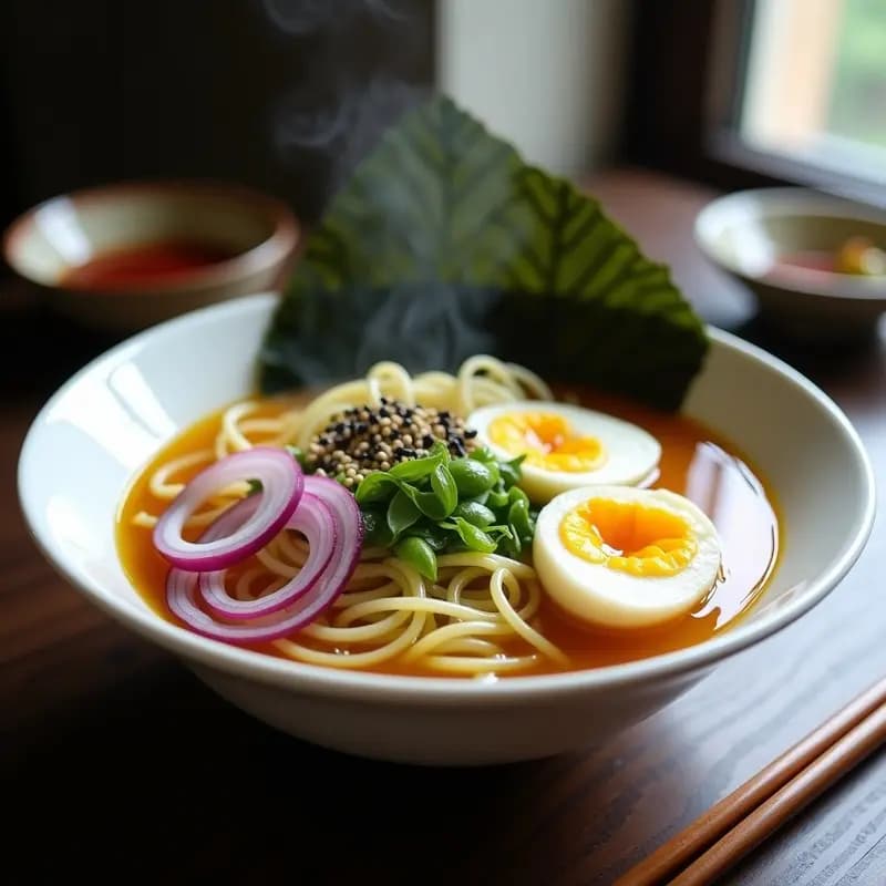 Cuenco hondo de cerámica blanca con ramen de zucchini espiralizado, huevo escabechado cortado por la mitad mostrando yema amarilla, brotes de soja frescos, láminas de pimiento rojo y cebolla verde. Caldo dorado y espumoso con semillas de sésamo negro espolvoreadas. Receta japonesa sin lácteos.