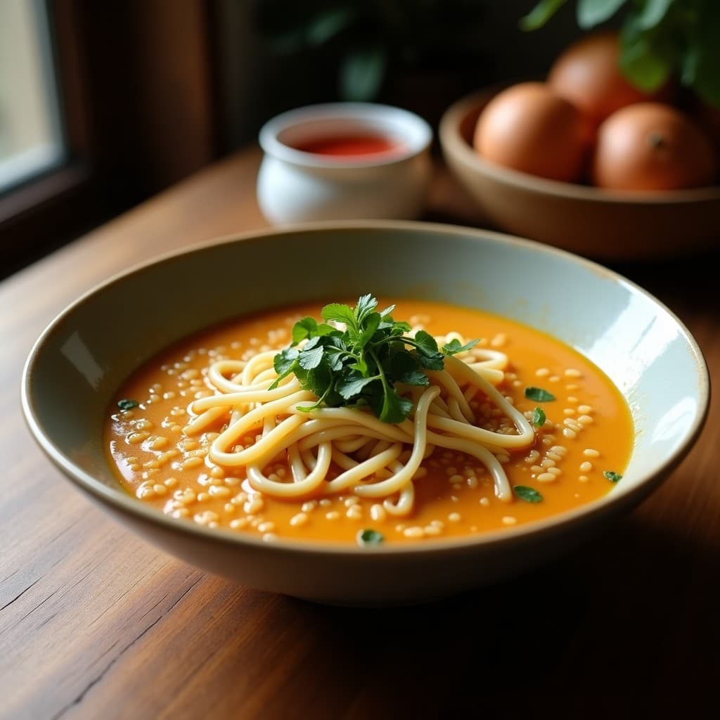 Cuenco hondo de ceramicra blanca con ramen vegano español: fideos dorados en caldo oscuro, trozos de zurracapote naranja, champiñones portobello marrones, cebollino verde y semillas de sésamo tostadas espolvoreadas. Fondo rústico con cuchara de madera.