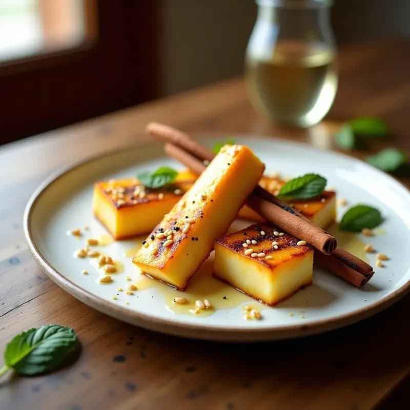 Plato blanco rústico con bastones dorados de queso halloumi a la parrilla junto a ramitas de canela tostadas, espolvoreados con semillas de sésamo y hojas de menta fresca. Aperitivo chipriota crujiente y salado con toque especiado.