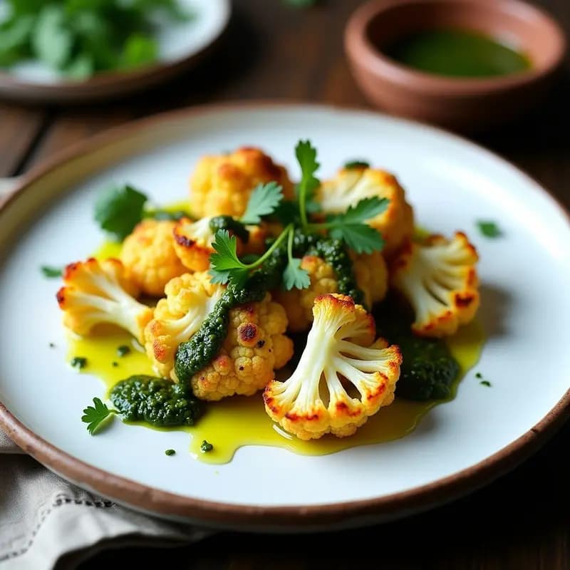 Ramos de coliflor dorados al horno con ajillo, servidos en fuente de barro con salsa de chimichurri verde fresca en bol aparte y almendras fileteadas espolvoreadas, entrante argentino vegano y sin gluten.