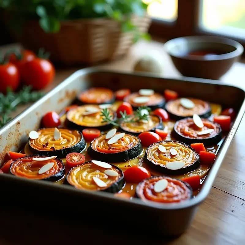 Bandeja de horno con ratatoille francesa vegana: capas de berenjena, calabacín, pimiento rojo y tomate asados, dorados y jugosos, espolvoreados con almendras fileteadas y hierbas provenzales. Plato colorido y apetitoso sobre fondo rústico de madera.