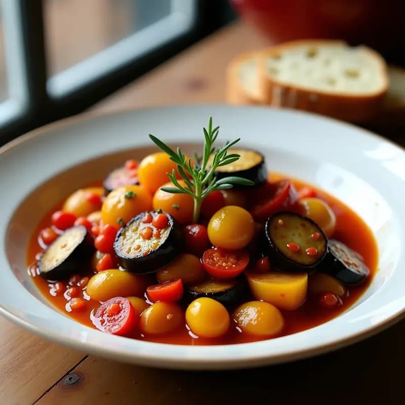 Plato hondo de cerámica blanca con ratatoille francesa de berenjena, calabacín y pimientos en trozos gruesos, bañados en salsa de tomate y hierbas provenzales, servido con una ramita de tomillo fresco y un chorrito de aceite de oliva. Fondo rústico de madera con pan de campo.