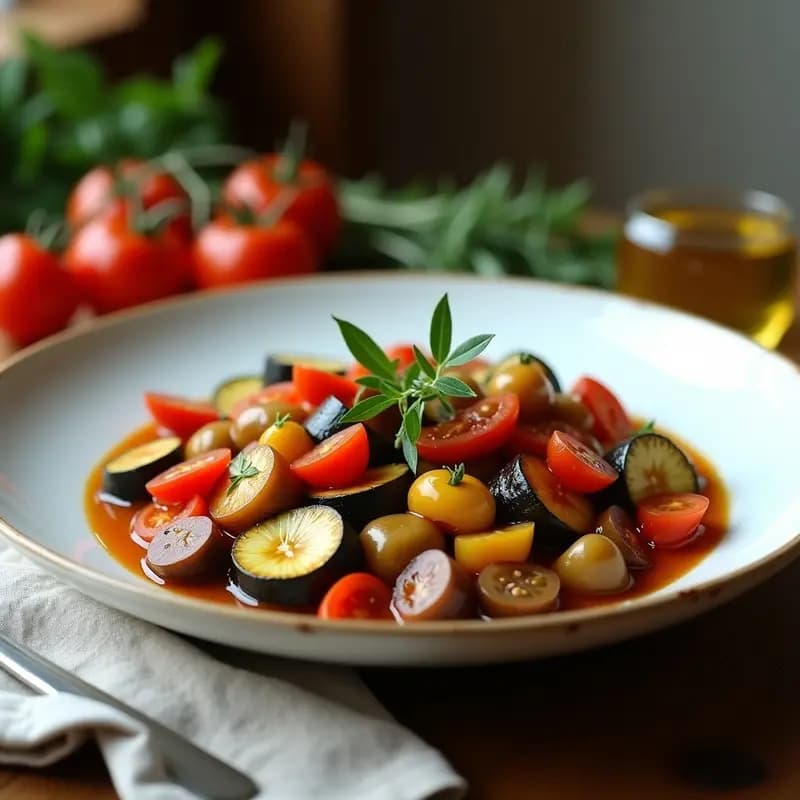 Plato hondo de cerámica blanca con ratatoille francesa vegana, mezcla colorida de berenjena, calabacín, pimientos rojos asados y tomates en trozos, decorada con hierbas provenzales frescas y un hilo de aceite de oliva virgen extra.