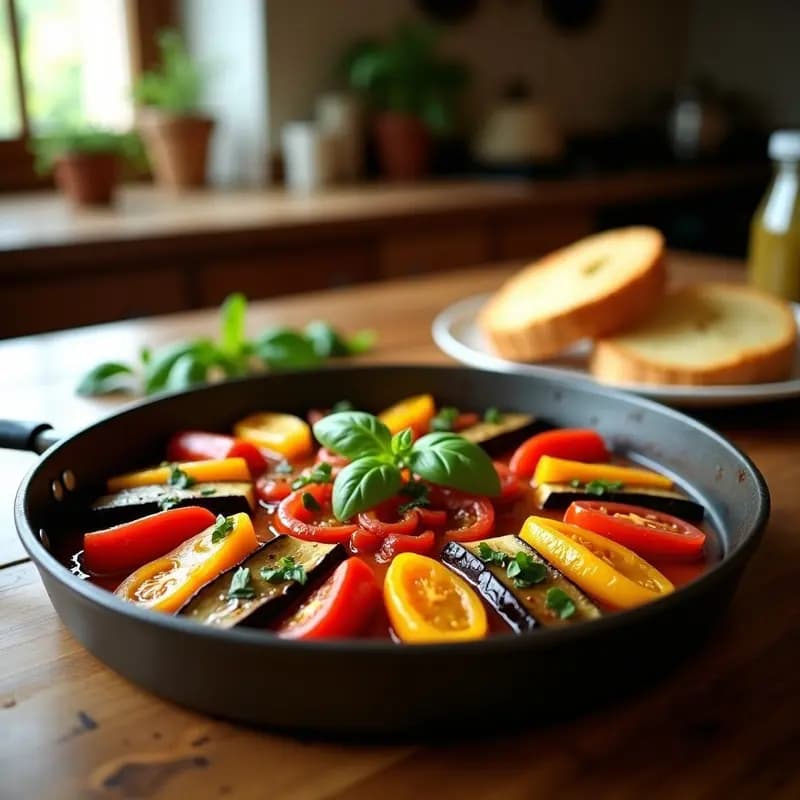 Fuente de horno rectangular con ratatoille al horno en capas de berenjena, calabacín, pimientos y tomates, decorada con albahaca fresca. A un lado, pan de ajo sin gluten dorado y crujiente. Plato tradicional francés light y sin gluten.