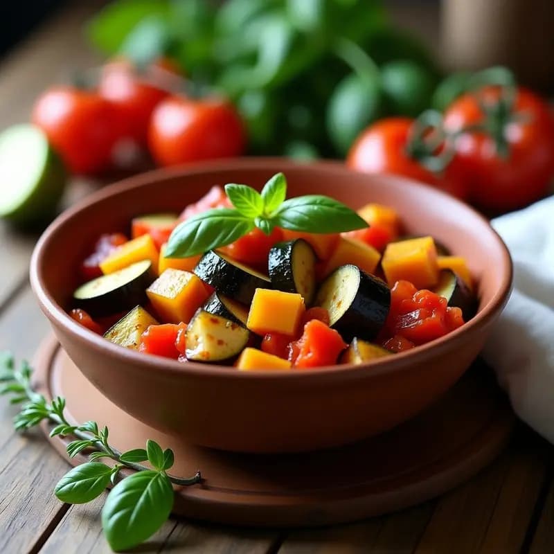 Plato hondo de barro con ratatoille francesa: guiso colorido de berenjena, calabacín, pimientos rojos y amarillos, y tomates, decorado con hojas de albahaca fresca y un hilo de aceite de oliva virgen extra.
