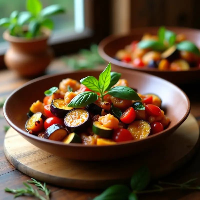 Plato hondo de barro con ratatouille vegana de aubergine y calabacín en cubos, bañada en un sofrito dorado con tomates, cebolla morada y hierbas frescas, servida sobre un mantel rústico.