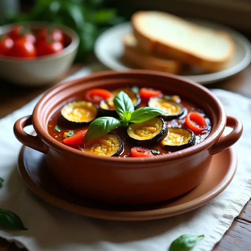 Olla de barro rústica con ratatouille con toque de azafrán, guiso francés de berenjena, calabacín, pimientos y tomates en trozos grandes, bañados en una salsa dorada y aromática, decorado con hojas de tomillo fresco sobre fondo de madera oscura.