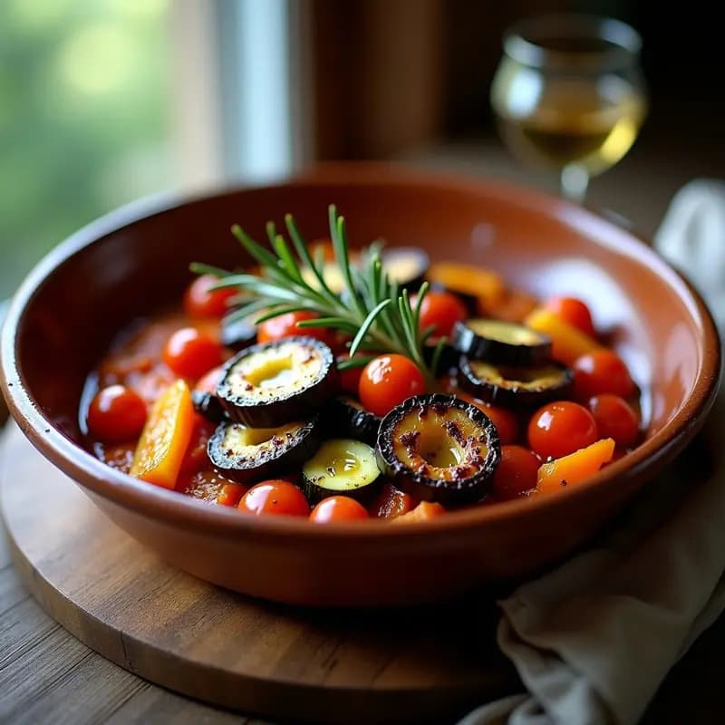 Plato hondo de barro con ratatouille de berenjena ahumada en capas, calabacín, pimientos y tomates, cocinada en olla lenta con toque a leña. Acompañada de ramitas de romero fresco sobre fondo rústico de madera.